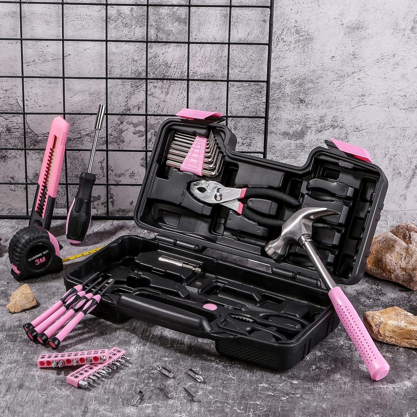 39 Piece All Purpose Basic Household Pink Tool Kit for Women - Small Tool Set with Toolbox Great for Home, Garage, Office and College Dormitory Use