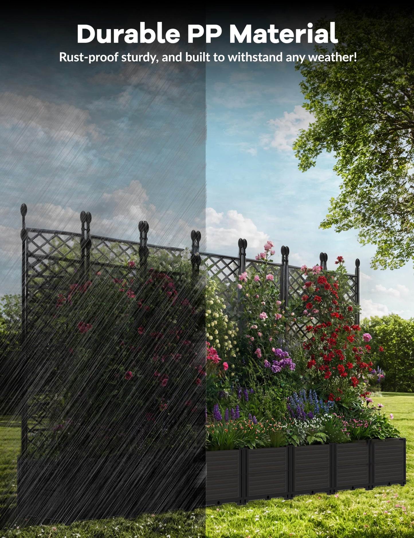 7 PCS Plastic Planter Box with Trellis - 5.25 FT Tall Raised Garden Bed, Lockable Wheels & Drainage for Patio, Balcony Tomatoes, Flowers, Herbs Weather-Resistant Resin Outdoor Decor