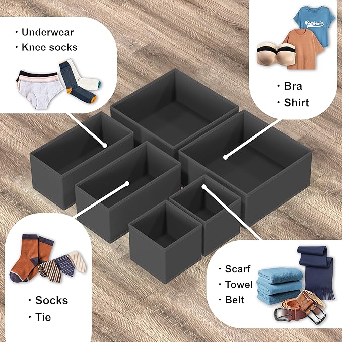 Simple Houseware Underwear Drawer Organizer for Lingerie/Undergarment/Bra/Panty/Sock/Onesie, Set of 6, Dark Gray