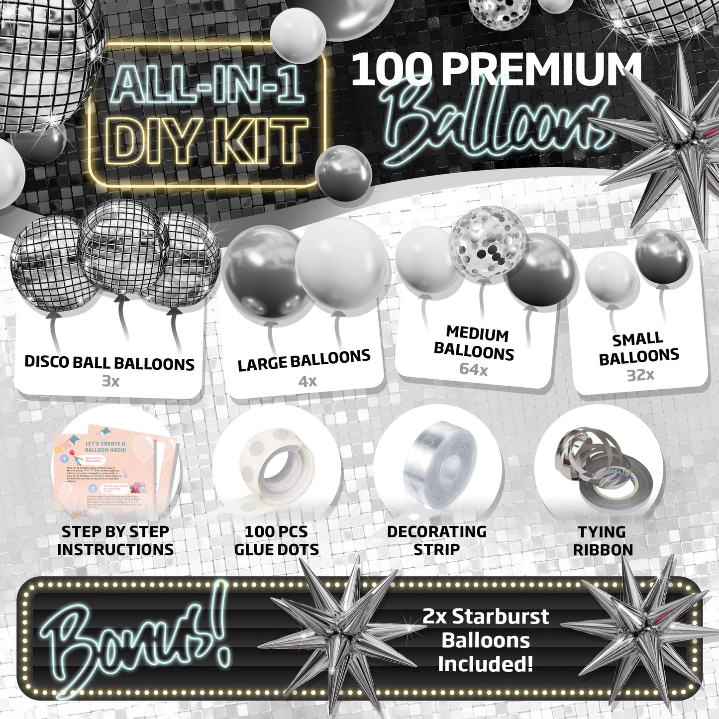 ALL-IN-1 Disco Balloon Arch Kit with BONUS Disco Ball Balloon for Party Decorations - Silver & White Balloons Garland for Disco Ball Party Decoration & Silver Party Decorations -Disco Balloons