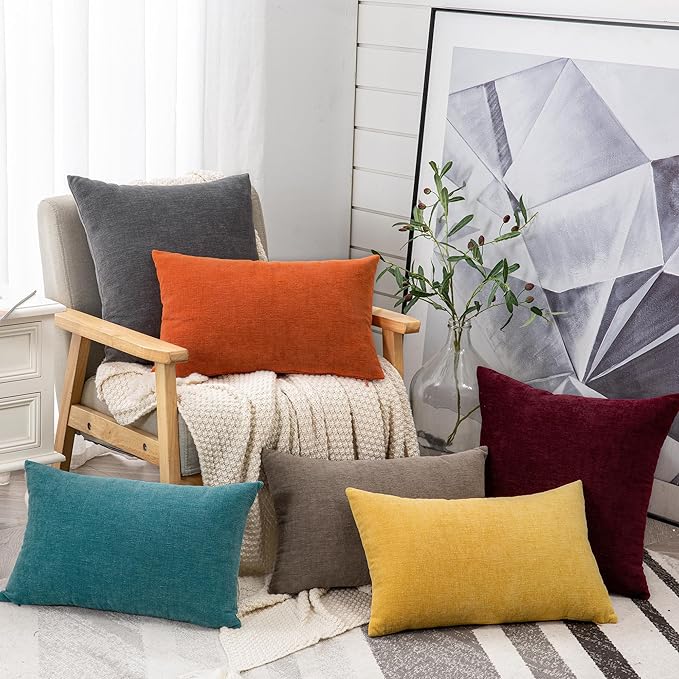 GAWAMAY Lumbar Pillow Decorative Rectangle Throw Pillow Covers 12"x20" Inch Set of 2, Super Soft Chenille Pillowcase for Living Room Bedroom Sofa Couch Cushion Cover Burnt Orange 30x50cm (ONLY COVERS)