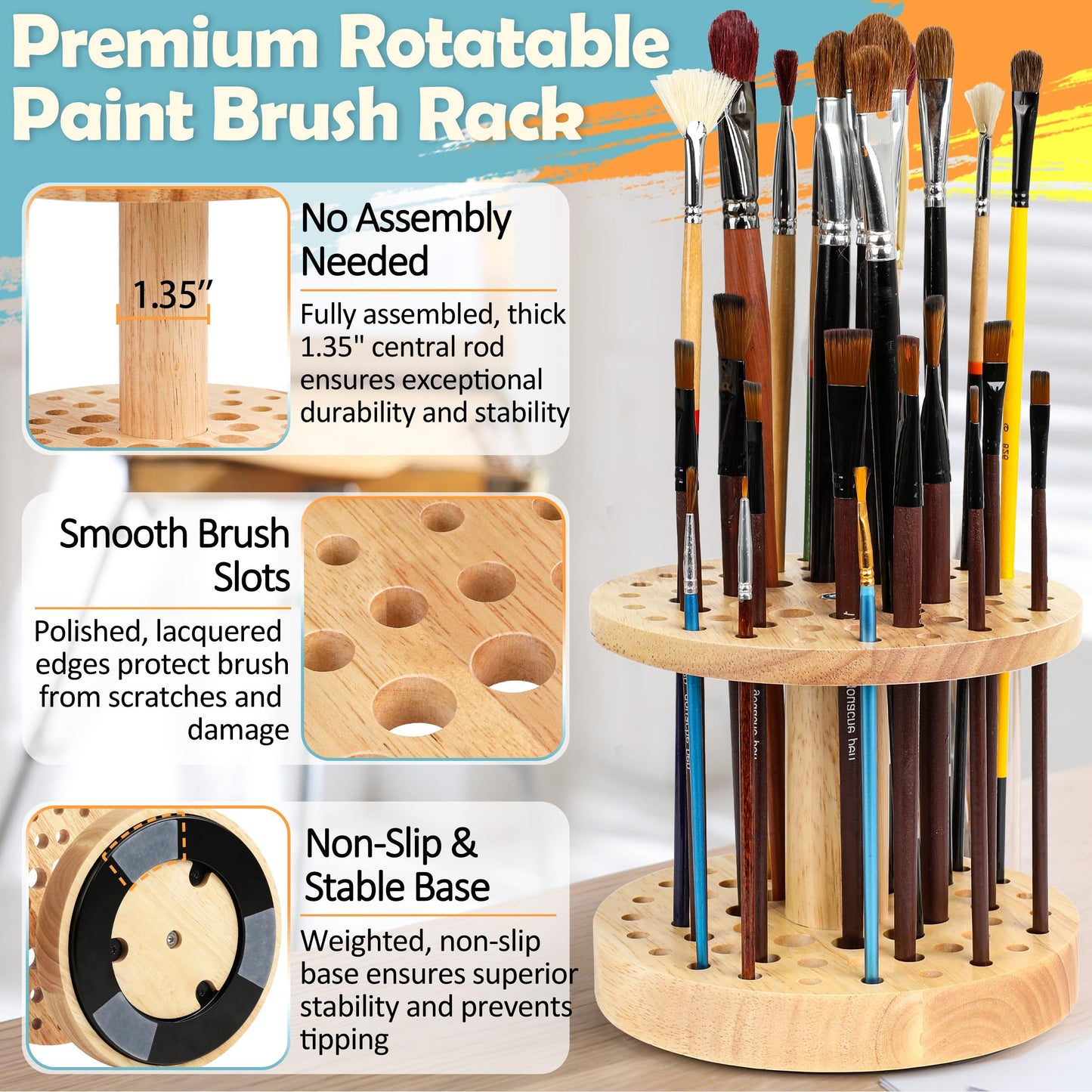 Dlicoda 52 Holes Paint Brush Holder, 360° Rotating Paint Brush Organizer, Hardwood Storage Stand Rack for Artists Brushes, Crafts Tools, Makeup Brush, Calligraphy Pens