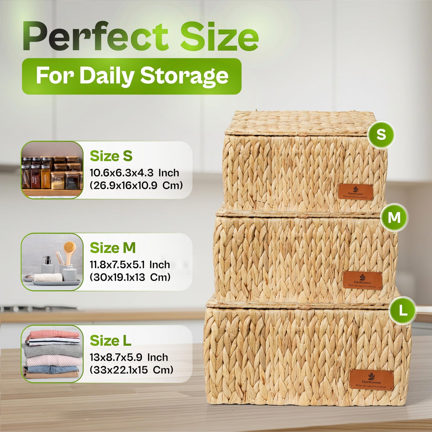 DaviGreen Storage Baskets with Lids, Set of 3 Wicker Storage Baskets for Storage, Water Hyacinth Basket with Lid, Rectangular Woven Storage Baskets for Shelves, Closet, Bedroom & Home Organization