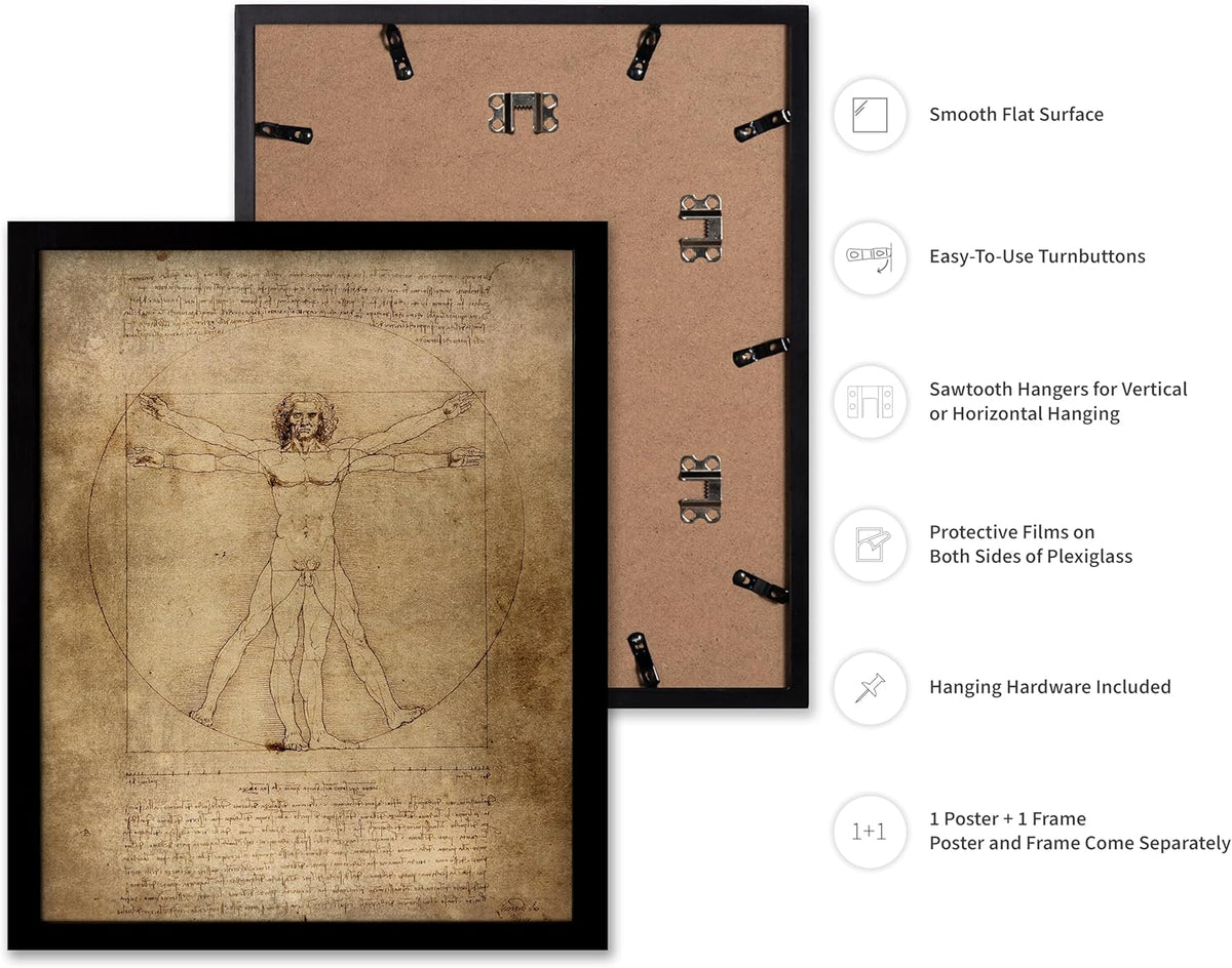 Poster Master Classic Leonardo Da Vinci Poster - Vintage Renaissance Print - Gift for Artist, Friend - Vitruvian Man, Proportion, Symmetry, Human Body - Wall Decor for Office, 16x20 Black Framed