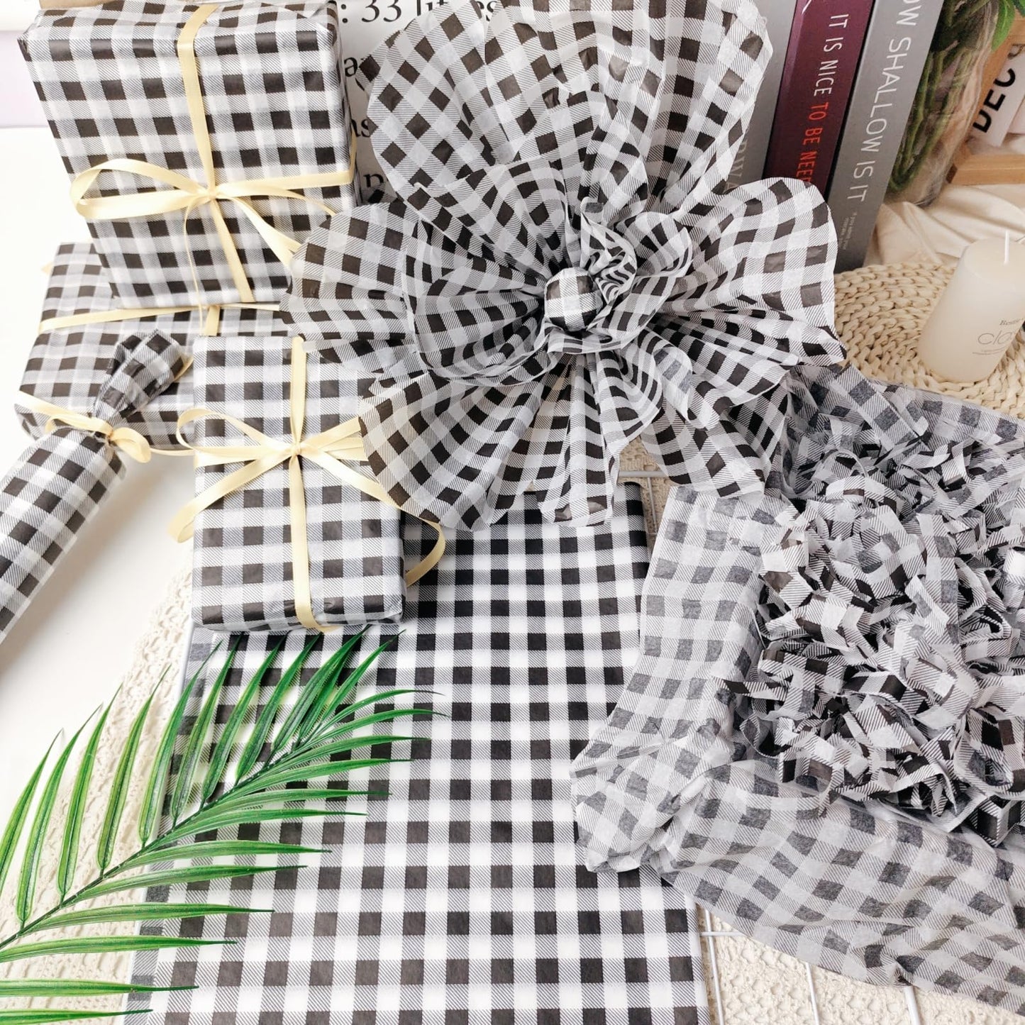 150 Sheets Buffalo Plaid Tissue Paper Gingham Black and White Checkered Tissue Paper Bulk Gift Bags Wrapping Tissue for Christmas DIY Art Craft Wedding Birthday Baby Shower Decor, 14 x 20 Inches