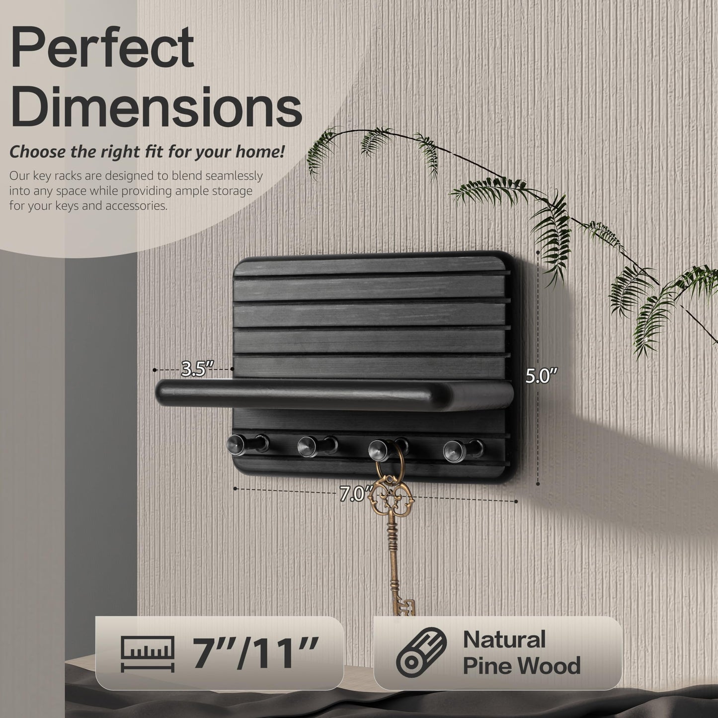 Rebee Vision Small Key Holder Wall Mount for Home Decor – Modern 7-inch Key Rack for Wall with 4 Sturdy Hooks & Mini Floating Shelf - Ideal Home Organization Solution for Small Space (Black)