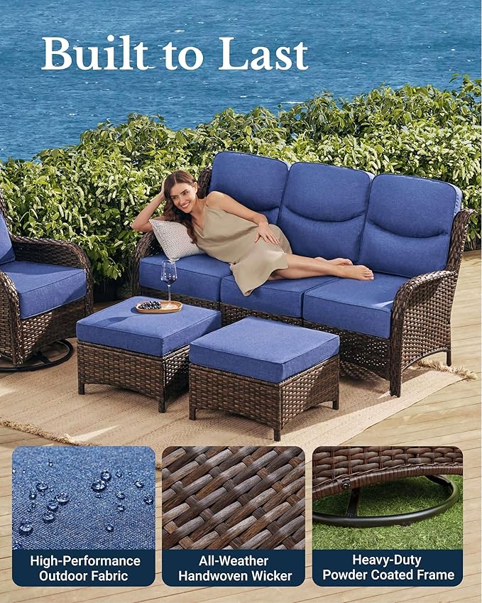 HILLGA Luxury Patio Furniture Set with 6-Inch Thick Cushions, High Back Outdoor Swivel Rocker Chairs and Patio Couch, 7-Piece All Weather Conversation Set for Porch Deck Pool Yard, Blue (V3)