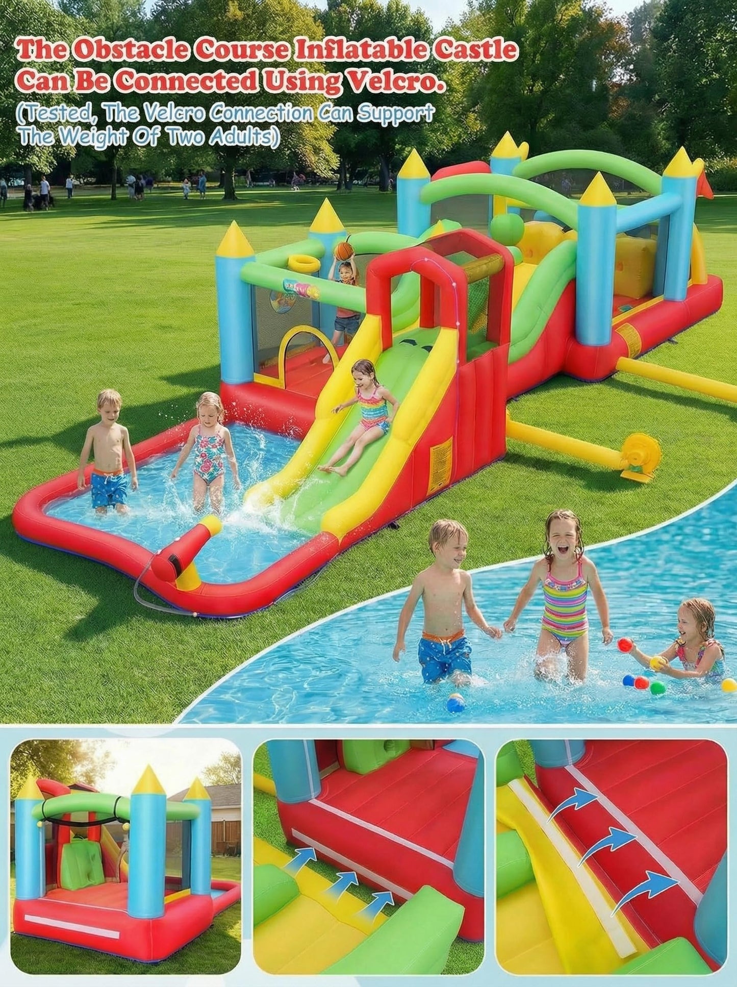Giant 29FT Wate Slide Bounce House Detachable (15.3+13.5FT) Combo, Obstacle Course & Waterslide, Tunnel/Jumping Area/Spalish Pool, Bouncy Castle for Summer Fun, Inflatable Water Park Holds 10 Kids