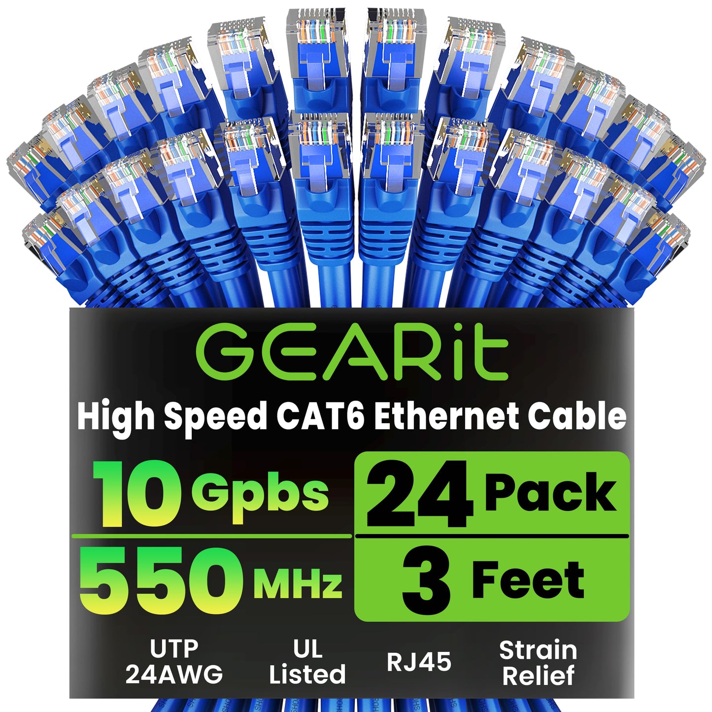 GEARit Cat 6 Ethernet Patch Cable 3 ft Blue (24-Pack Cat6 Ethernet Patch Cables 3ft), Cat 6 High Speed 24AWG 10Gbps RJ45 Snagless Gold-Plated, Ethernet Cable for Router, Switch, PC, PS5 Gaming, Server