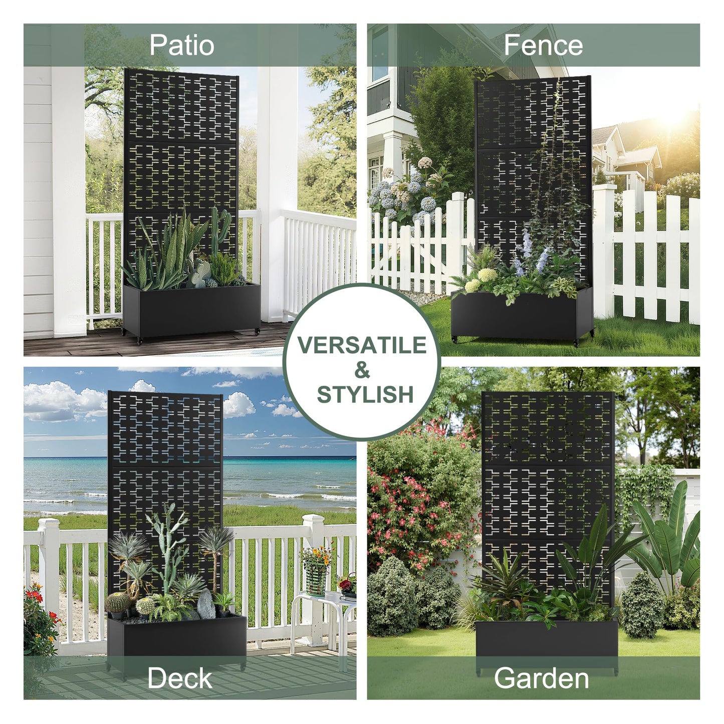 PolarcoForgeco Planter Box with Trellis and Wheels, Metal Privacy Screen with Garden Beds Outdoor for Climbing Plants, Standing Planter Boxes with Drainage Holes (35" L×16" W×71" H, Black Rectangle)
