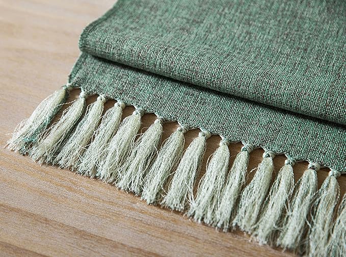 ZeeMart Green Table Runners 60 Inches Long, Burlap Linen Style Rustic Farmhouse Table Runner, Boho Woven Dining Table Runner, 13x60 Inches, Mineral Green