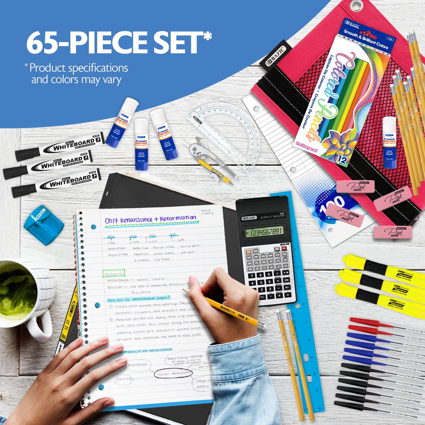 BAZIC PRODUCTS Middle & High School Kit Supply Box, 65-Count Student Set for Grades 7–12, Complete School Supply Kit with Middle School Supplies, Organized Supply Box for Highschool, 1-Pack