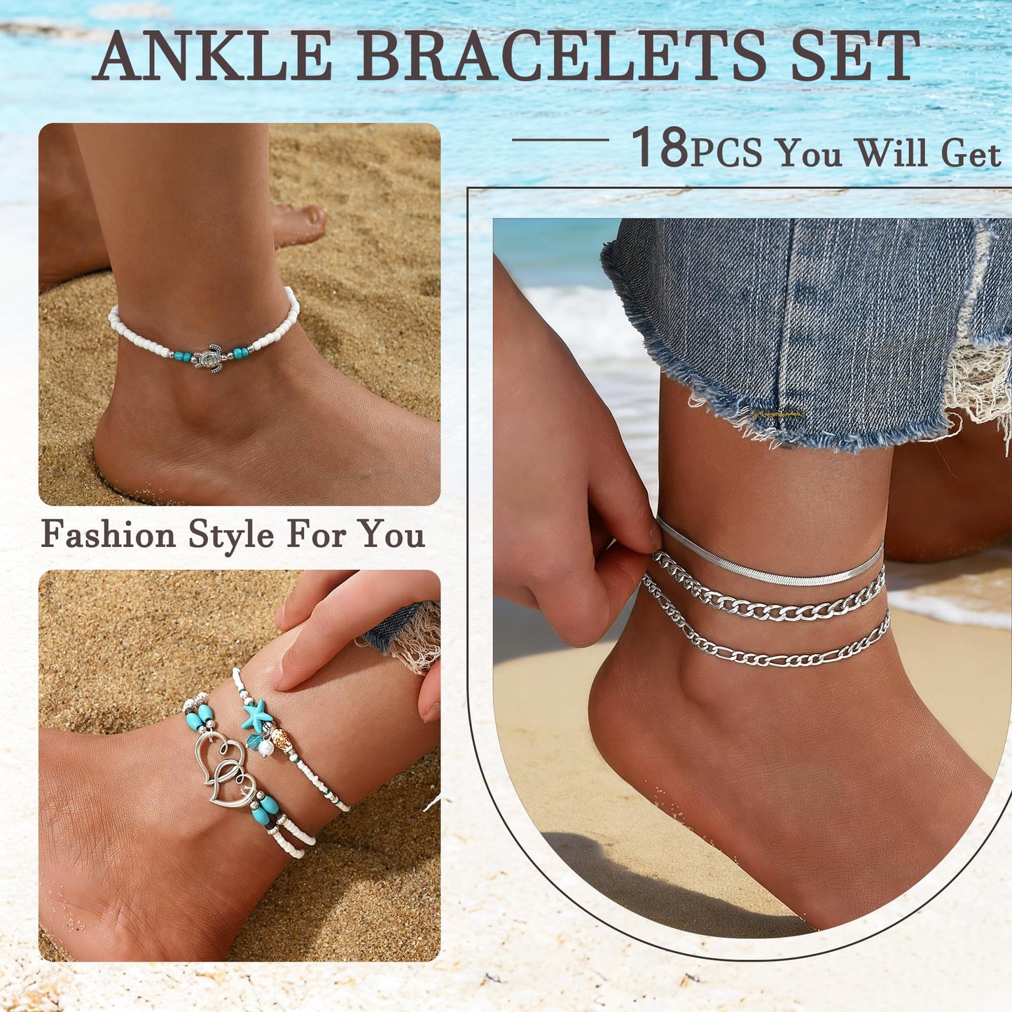 17KM 18PCS Silver Ankle Bracelets for Women, Boho Shell Bead Cuban Link Chain Waterproof Silver Anklets Set, Adjustable Layered Anklets for Women Beach Jewelry Gift
