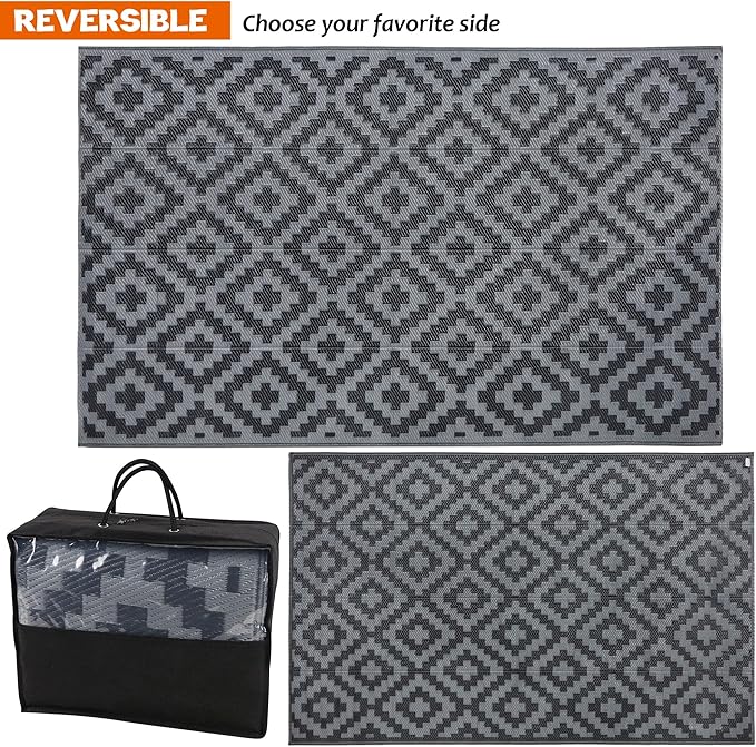 SAND MINE Waterproof Outdoor Rug 5x8 ft, Plastic Reversible Rug, Modern Area Rug, Large Floor Mat for Outdoors, RV, Patio, Backyard, Deck, Picnic, Beach, Camping, Black Grey Lattice