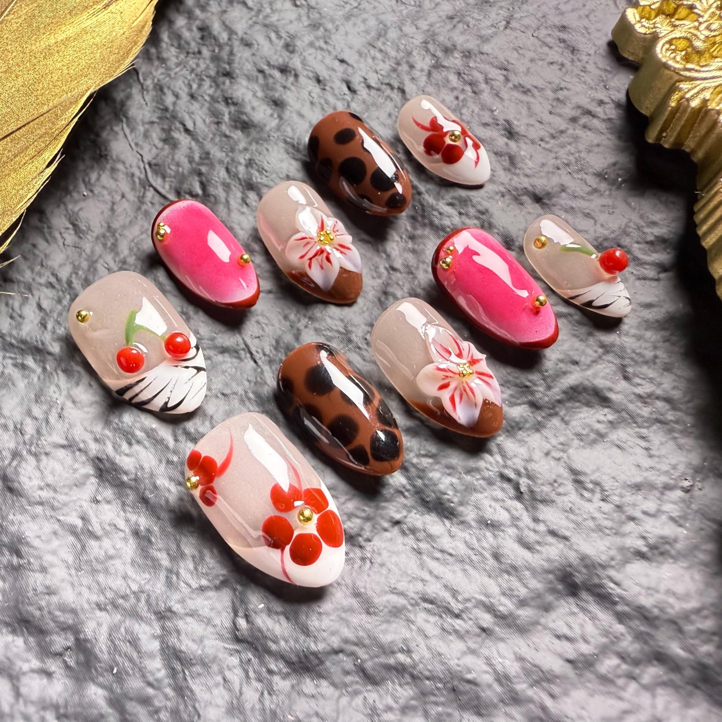 Handmade Press On Nails Almond Short Cherry Red Floral Leopard Handmade Nails 3d Floral Reusable Wedding Prom And Festival Gift Handmade Acrylic Press On Nails (Medium)