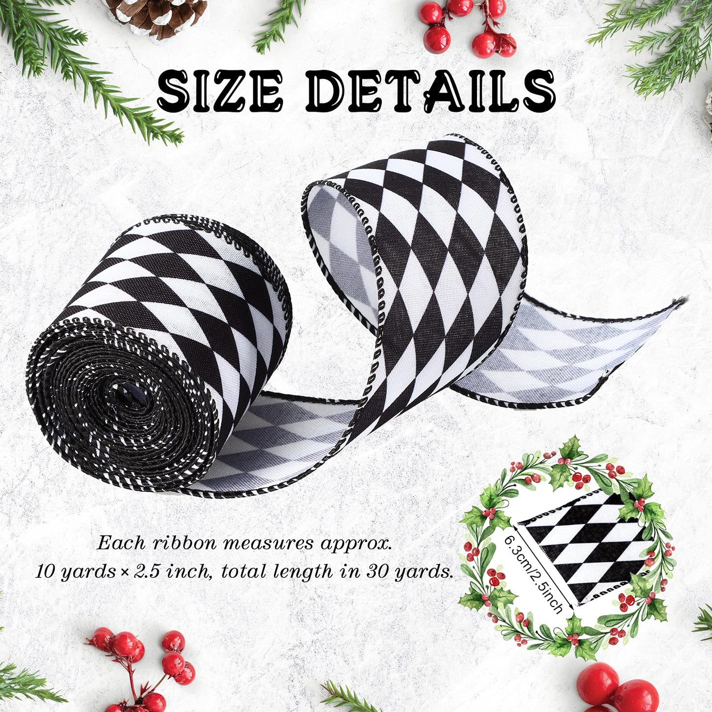 Luinabio 3 Rolls 30 Yard 2.5 Inch Christmas Black White Harlequin Ribbon Checkered Wired Ribbon Decorative for Xmas Fall Tree Wrapping Wreath Bouquet Crafts (Classic Style)