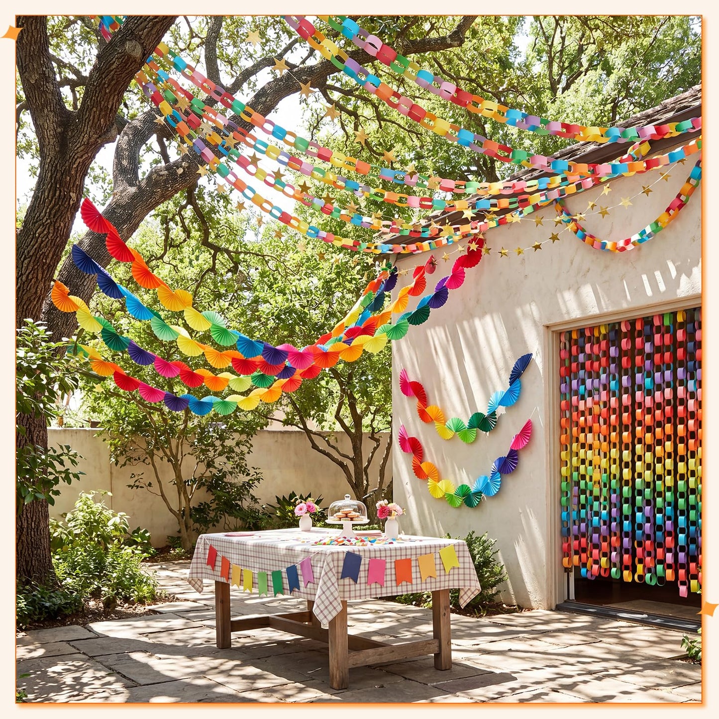 YooNotee 500 Sheets Paper Chain Strips and 4 PC Mirror Star Garland 3 Paper Fan Garland Garlands for Birthday Graduation Wedding Bachelorette Christmas Ceiling Hanging Decorations