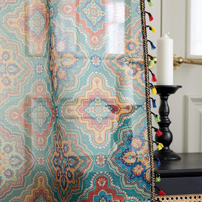 Blue Geometric Sheer Curtains 102 inch Long, Fringed Edges and Textured Semi Sheer Curtains Large Window Treatments for Living Room/Bedroom, 2 Panels