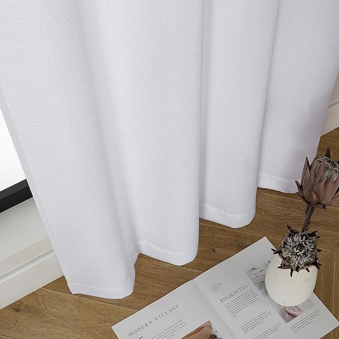 Chyhomenyc White Curtains 45 Inch Length 2 Panels, Faux Linen Textured Semi Sheer Light Filtering Soft Airy Rod Pocket Window Treatment Drapes for Living Room Bedroom, 30Wx45L Inch, 2 PCS