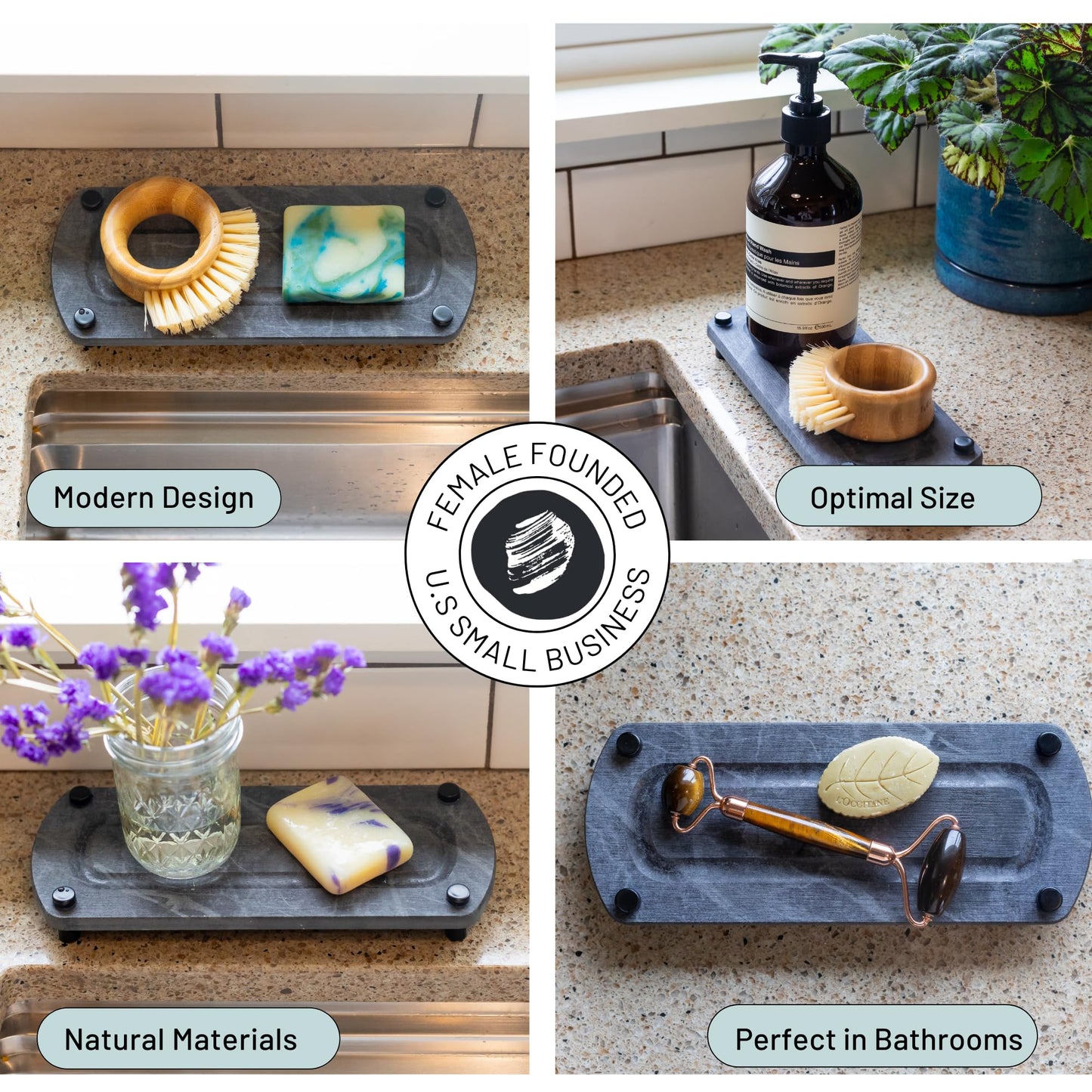 Siren Stone Premium Sink Caddy – Water-Absorbing Diatomaceous Earth Tray for Sink, Elevated Stainless Steel Feet, Non-Toxic, Fast-Drying, Kitchen or Bathroom