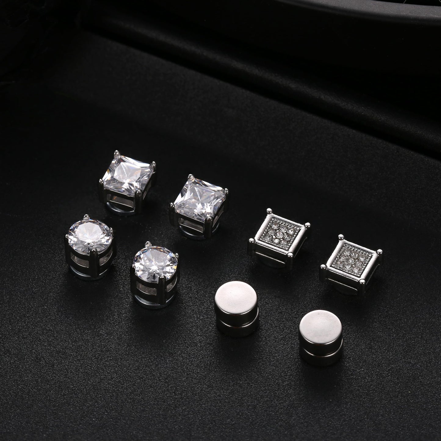 Jstyle 4 Pairs Stainless Steel Magnetic Stud Earrings for Men Women Silver Tone CZ Non-Piercing Clip On Stud Earrings Set 6-8MM