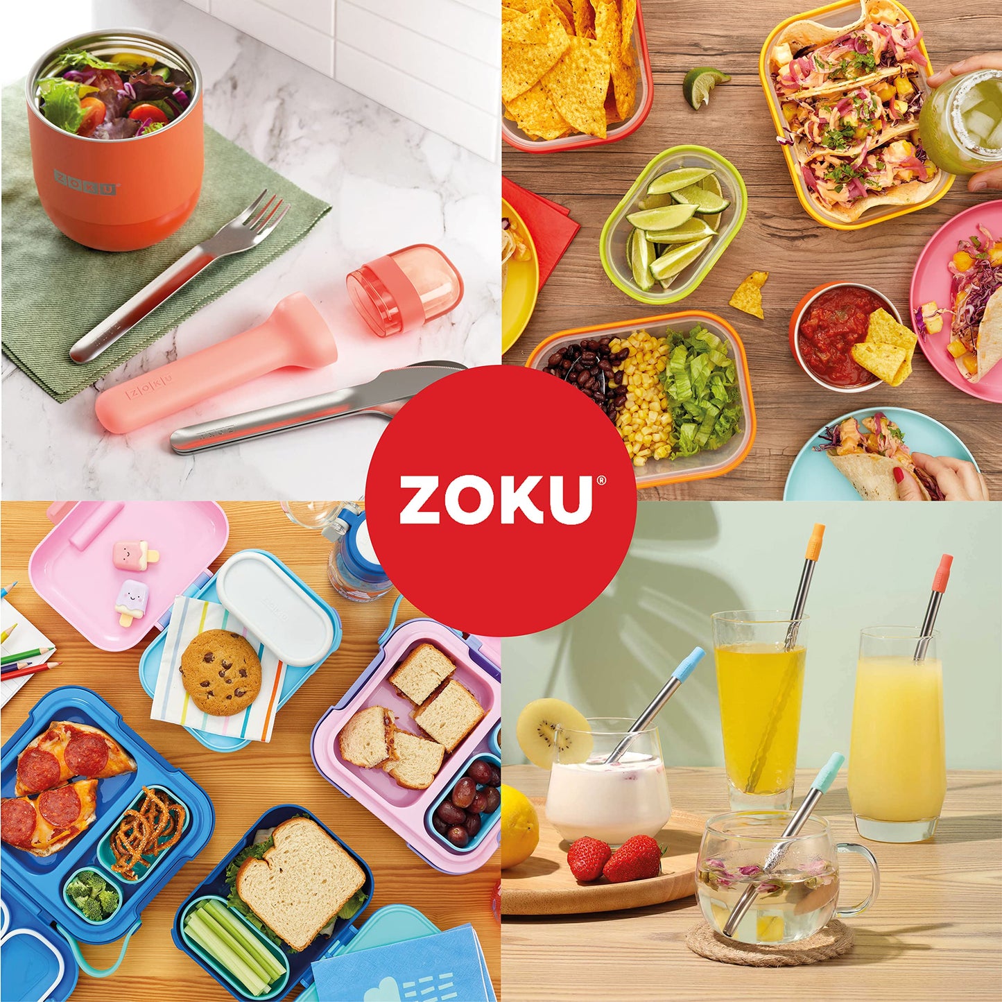 ZOKU - Nested Food Storage Container with Freezer Pack, Leak Proof with Airtight Lids, for Sandwiches, Lunches, Leftovers and more, Easy to Clean, Reusable, BPA Free (Neat Stack) (3 Piece)