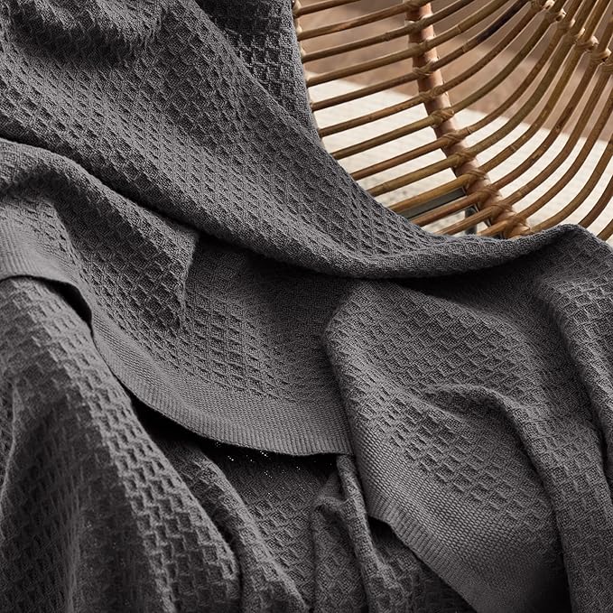 Bedsure 100% Cotton Large Throw Blanket for Couch 50x70 inches - Breathable and Soft, Waffle Weave Throw Blanket for Office, Dark Grey