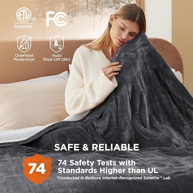 Bedsure Electric Blanket Queen Size - Dual Control Heated Blanket Queen, Fast Heating with 10 Time Settings & 10 Heat Settings, Warm Gift for Grandma (84x90 inches, Dark Grey)