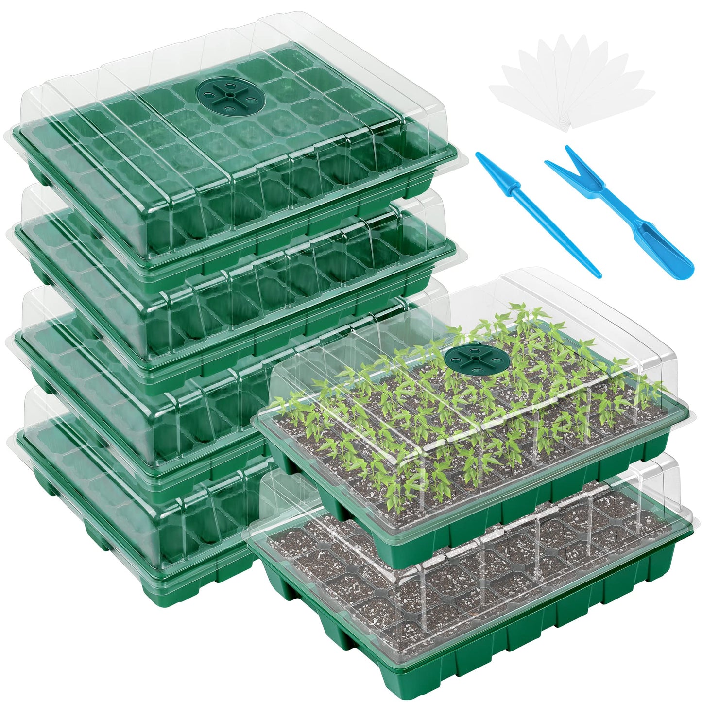 Elcoho 6 Pack Seed Starter Tray Kit 40 Cells Seedling Trays with Humidity Dome and Base Mini Propagator Plant Nursery Pots Total 240 Cells for Greenhouse Plants Growing, Green