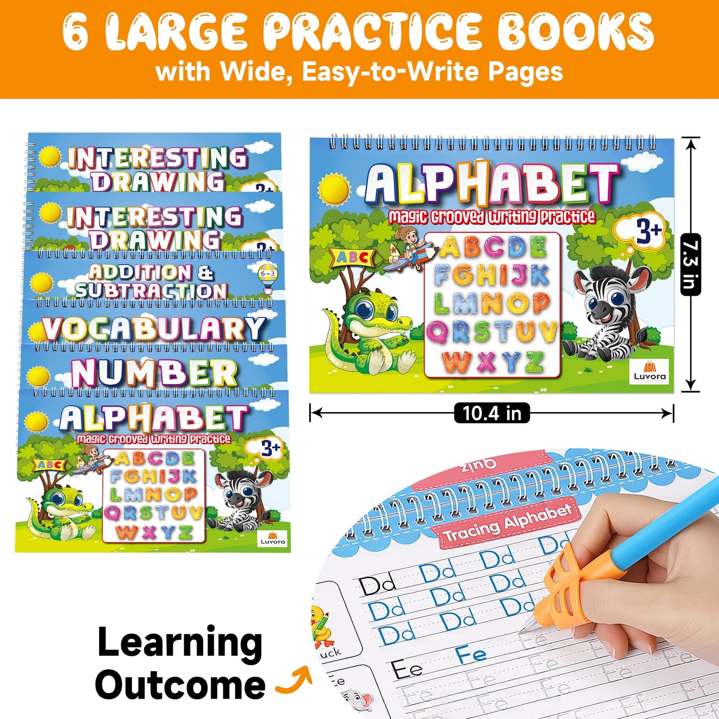 LUVORA Magic Grooved Writing Practice for Kids Ages 3-8, Reusable Handwriting Practice Books Set (6 Books) with Disappearing Ink Pens, Letter/Number Tracing, Preschool & Kindergarten Learning Kit