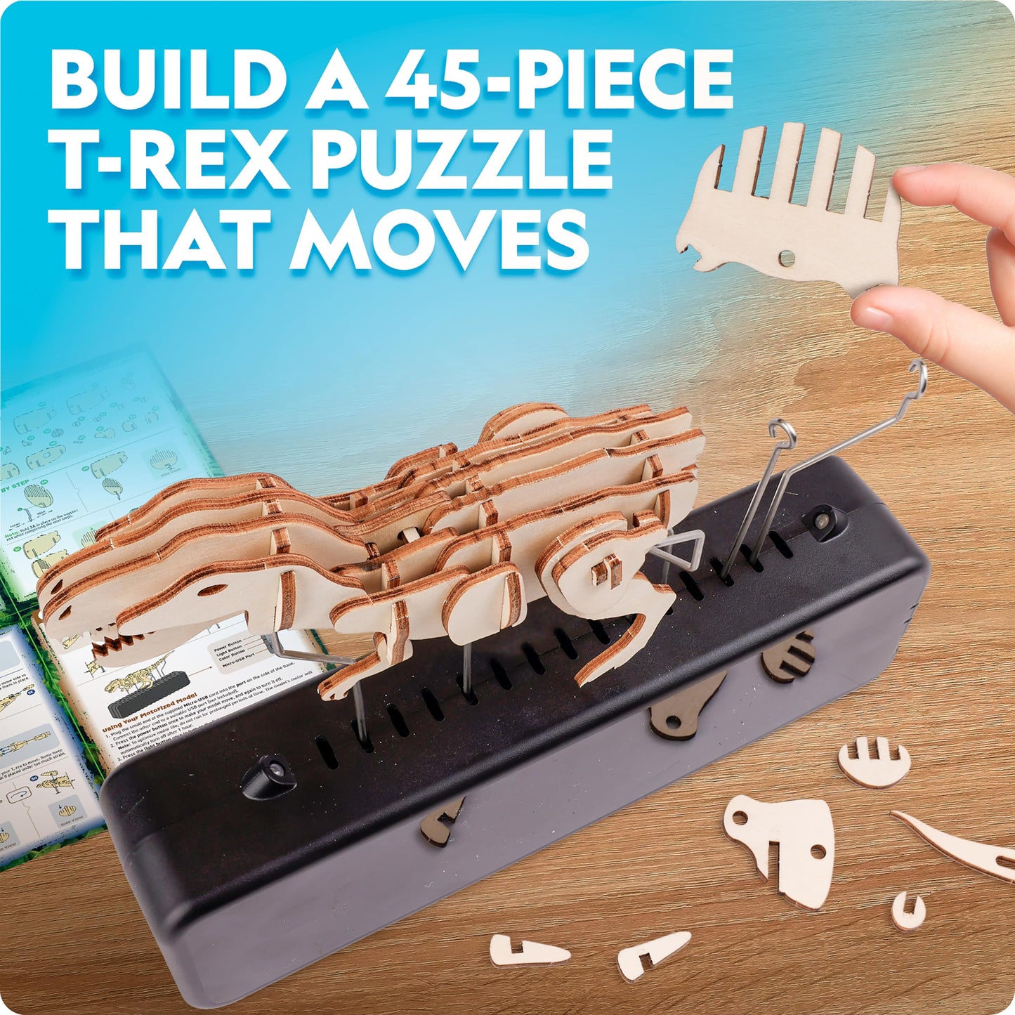 National Geographic Motorized Dinosaur 3D Puzzle - 50-Piece 3D T. Rex Wood Model Kit with Light-Up Motorized Display Base and 8 Light Settings, 3D Puzzles for Kids, Buildable Dinosaur Model