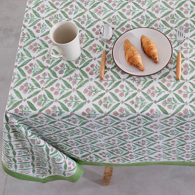 Labhanshi Indian Handblock Print Floral Cotton Rectangle 72x135 Inch 10-Seater Dining Tablecloth|Washable Spring Easter St. Patrick Picnic Outdoor Camping Festive Holiday Table Cover|Green Pink