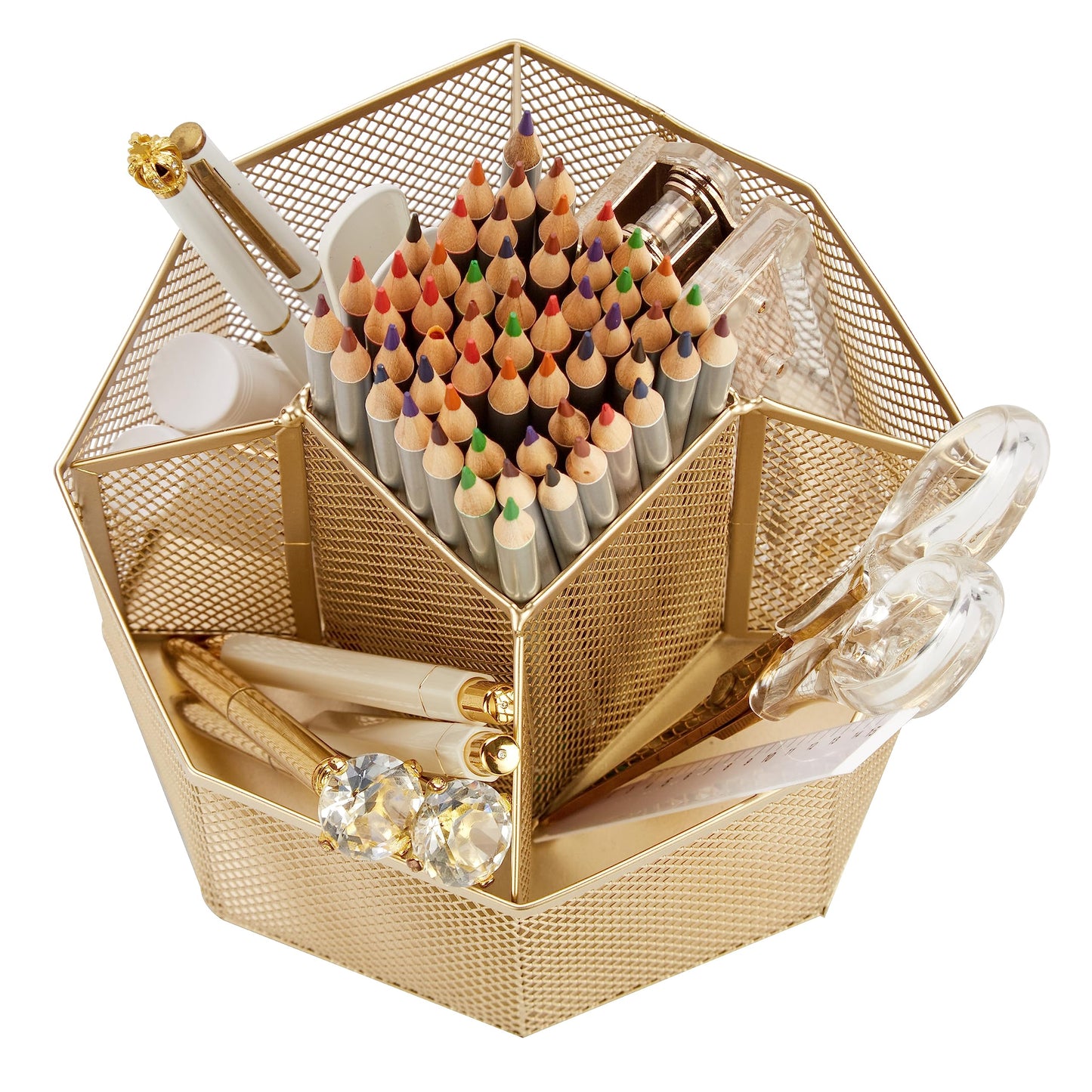 Annova Mesh Desk Organizer Rotate with 5 Compartments Spinning Tidy Candy/Pen Holder Office, Art Supply, Storage, Classroom, Home (Gold)