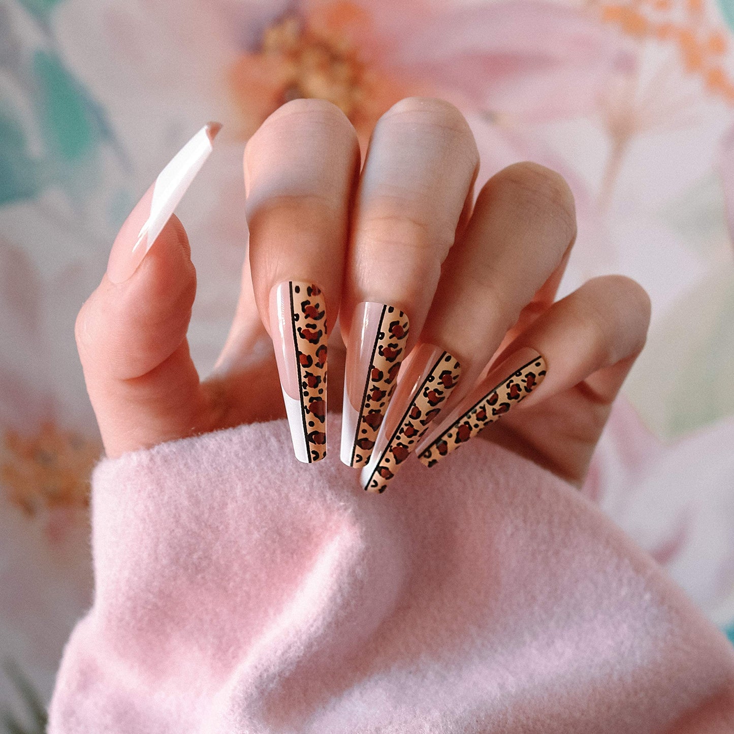 Allkem Leopard Print Ballerina Press on Nails | Glossy Extra Long Coffin| 10 sizes - 20 pcs Nail kit with Glue
