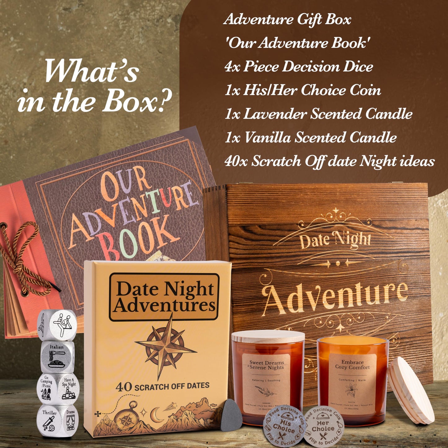 GreenCor Couples Date Night Adventure Gift Box Scratch-Off Date Ideas - Anniversary or Birthday Gifts for Girlfriend | Boyfriend - Vanilla and Lavender Candles | Decision Coin & Dice