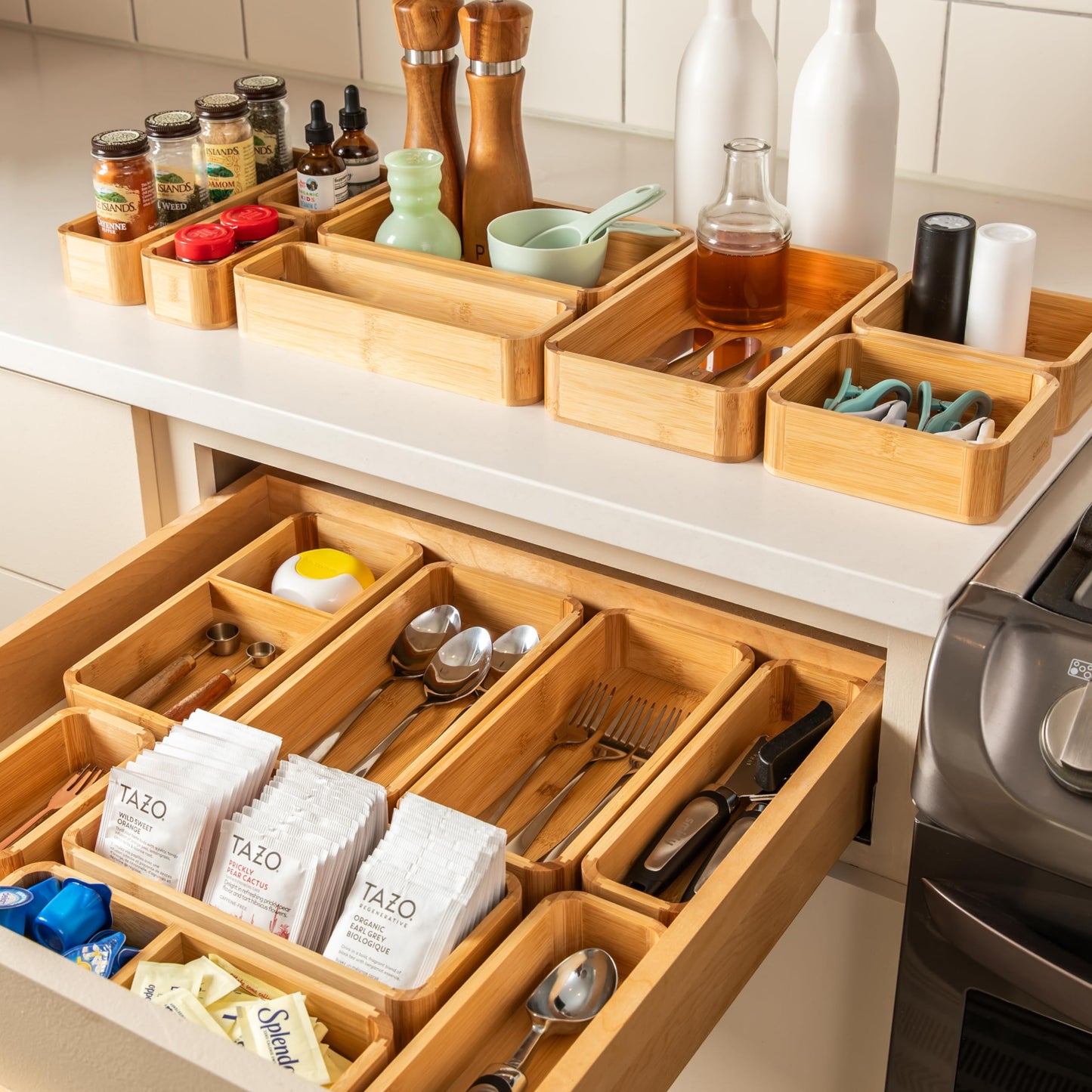 SMIRLY 8-Piece Bamboo Kitchen Drawer Organizer Set for Large and Small Utensils, Multi-use Storage Box - Bathroom, Nightstand, Jewelry, Cutlery, Knife, Spice, Towel, Junk Drawer Tray