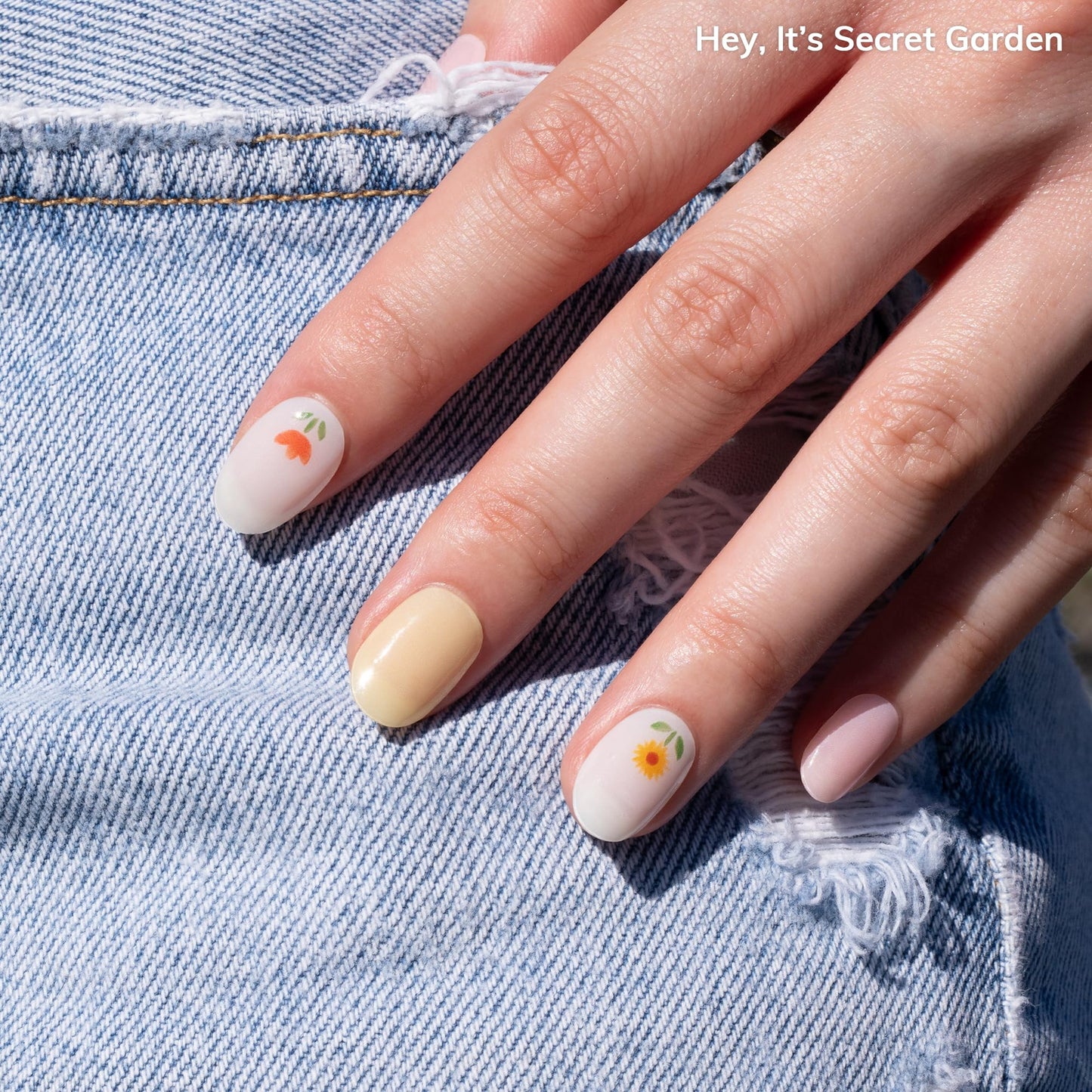 Heyhae Semi Cured Gel Nail Strips | No LED Lamp Needed |Yellow, Floral | Easy Apply & Remove, Salon Quality | Includes 28 Strips, 2 Prep Pads, Nail File & Wooden Stick - Hey, It’s Secret Garden