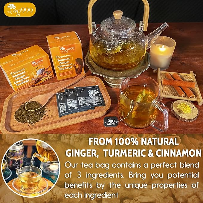 TOG999, 15 Turmeric, Ginger, Cinnamon Tea Bags, 100% Natural, Hand-made Blend of Turmeric, Ginger, and Cinnamon. Eco-conscious Tea Bags. No Sugar, No Caffeine, No Gluten, Vegan.