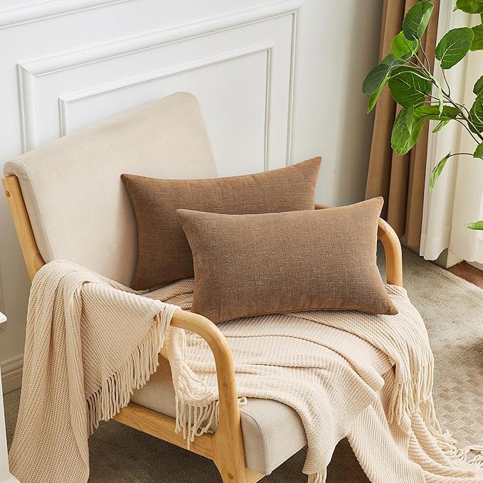 GAWAMAY Lumbar Decorative Throw Pillow Covers 12"x20" Inch Set of 2, Super Soft Chenille Rectangle Pillowcase for Living Room Bedroom Sofa Couch Cushion Support Pillow Cover 30x50cm Brown (No Insert)