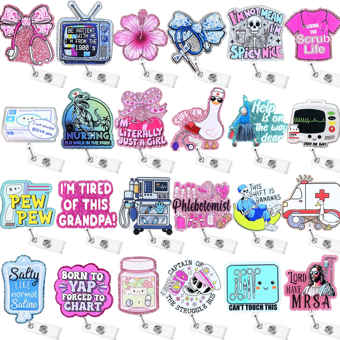 Hotlea 24 PCS Nurse Badge Reels Bulk Funny Badge Holders Retractable Clip Cute Nursing Medical Asssitants RN LPN CNA Nurses Week Gift Accessories for Work