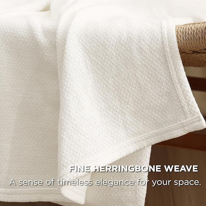 Bedsure 100% Cotton Blanket Twin XL Size for Bed - Breathable and Lightweight, Soft Cozy Textured Herringbone Woven Blanket for Summer Spring, Ivory, 66x90 inches
