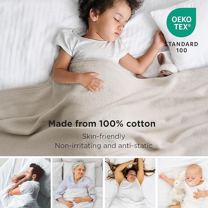 Bedsure 100% Cotton Blanket Twin XL Size for Bed - Breathable and Lightweight, Soft Cozy Textured Herringbone Woven Blanket for Summer Spring, Linen Beige, 66x90 inches
