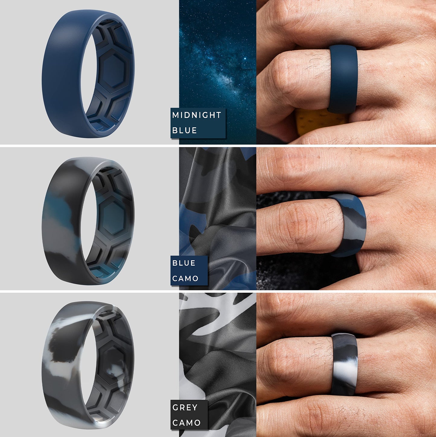 ThunderFit Men's Patterned Silicone Rings, 8mm Wide 2.2mm Thick Rubber Bands,Variety Multipack 1,4,7