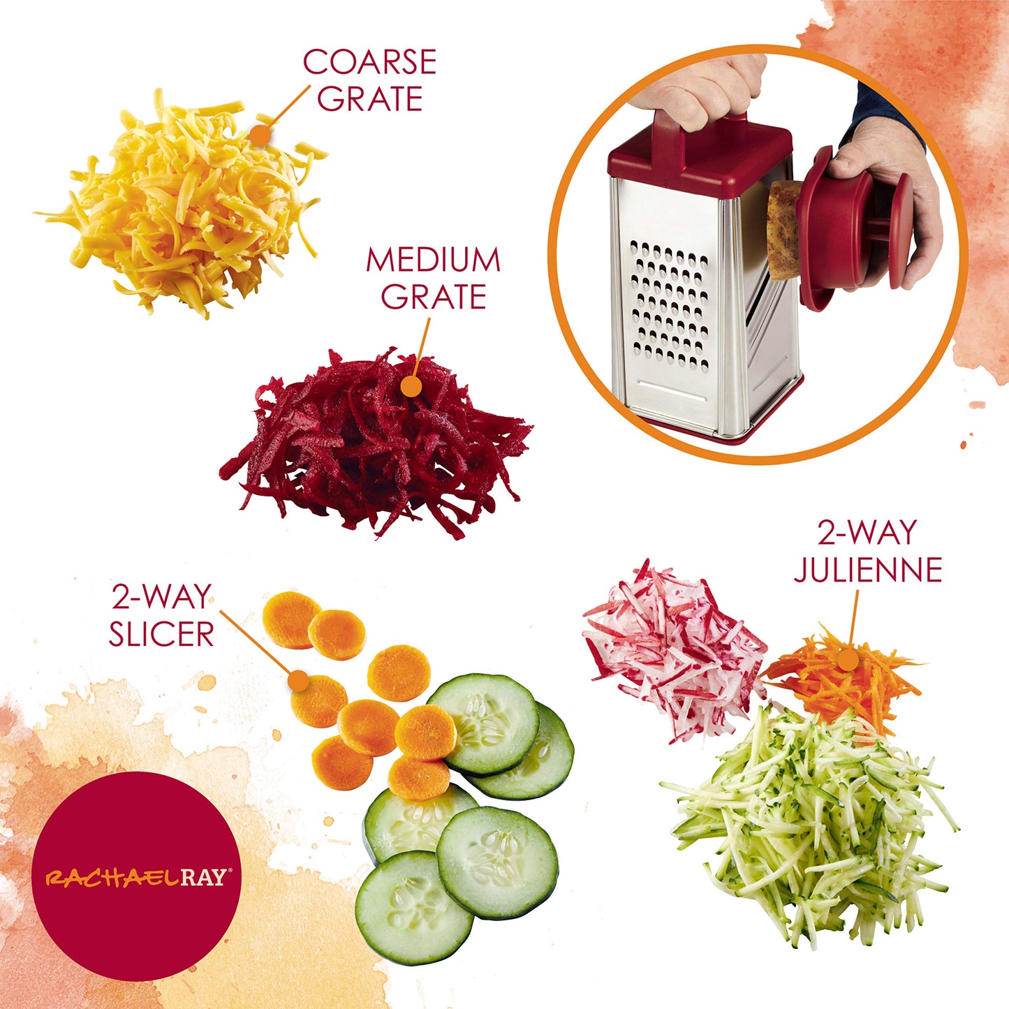 Rachael Ray Tools and Gadgets Stainless Steel Box Grater for Vegetables, Chocolate, Hard Cheeses, and more, Red(9.43 x 8.84 x 8.06 inches)
