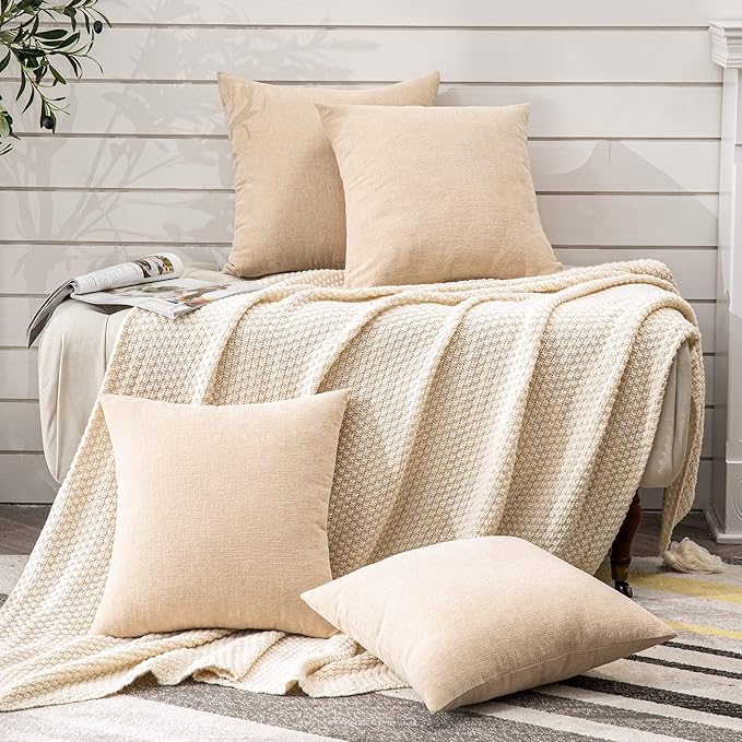 GAWAMAY Decorative Square Throw Pillow Covers 18"x18" Inch Set of 4, Super Soft Chenille Pillows Farmhouse Fall Pillowcase for Living Room Bedroom Sofa Couch Cushion Cover Beige 45x45cm (No Insert)