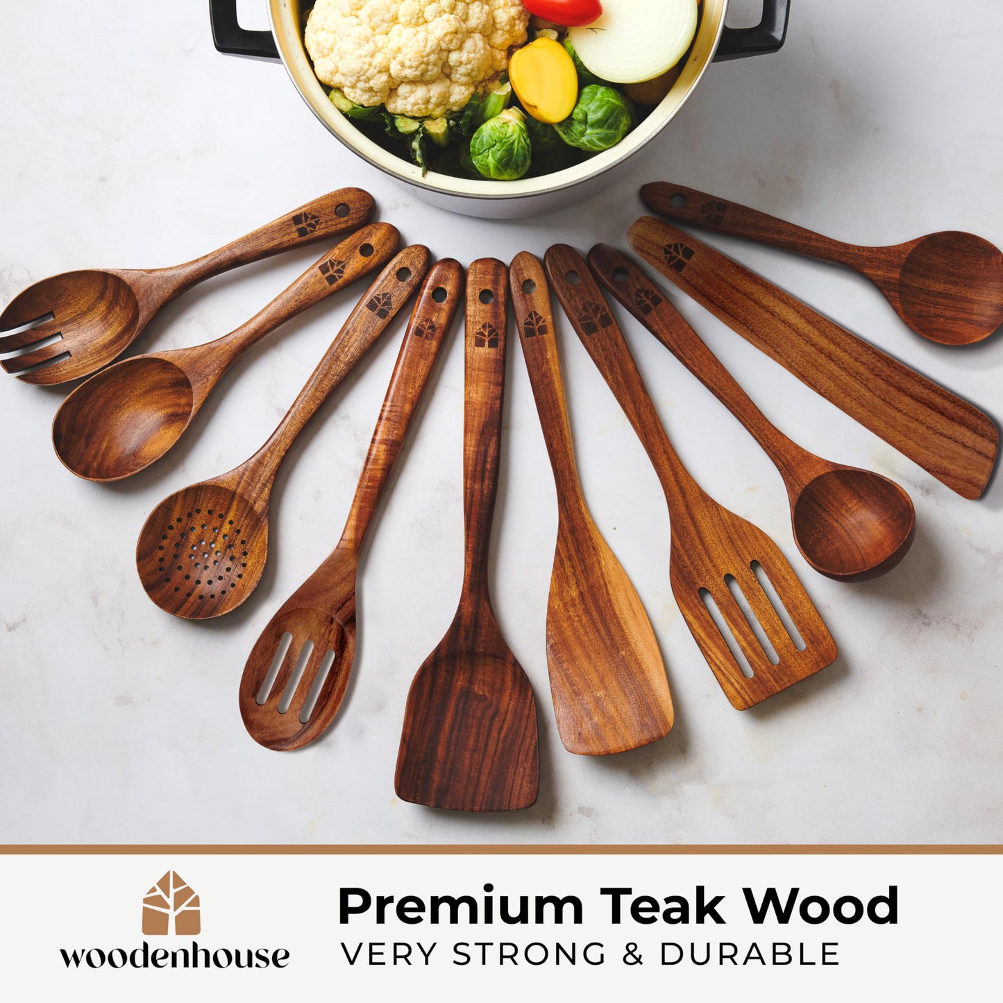 Wooden Spoons for Cooking – 12 Pcs Teak Wooden Utensil Set, Cooking Utensils Set with Holder, Hooks & Spoon Rest - Heat Resistant, Durable, Nonstick Safe Kitchen Cookware