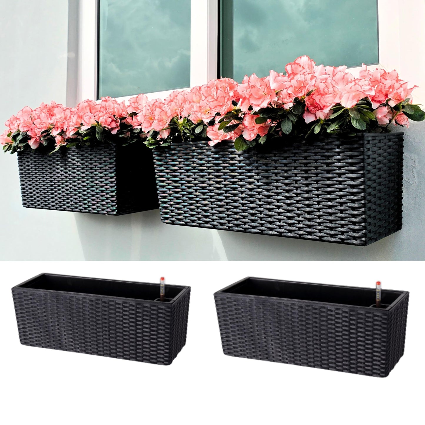 LaLaGreen Outdoor Wall Planters (20 Inch, 2 Pack) Wall Mounted Self Watering System Window Flower Boxes with Bracket, Black Rectangular Plant Pot Container Indoor Modern Garden Herb Kitchen Home Decor