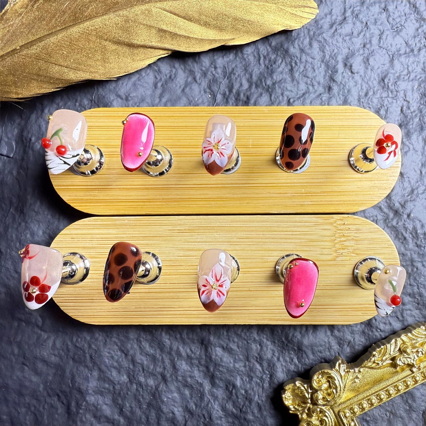 Handmade Press On Nails Almond Short Cherry Red Floral Leopard Handmade Nails 3d Floral Reusable Wedding Prom And Festival Gift Handmade Acrylic Press On Nails (Medium)
