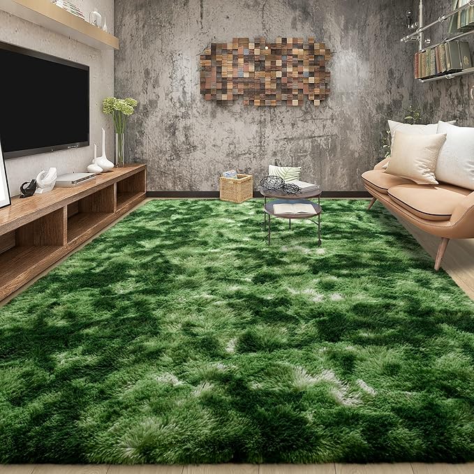 Tepook Soft Fluffy Rugs for Living Room, 5x8 Shaggy Area Rug for Bedroom, Modern Shag Rug Fuzzy Carpets for Kids, Plush Indoor Nursery Home Decor Rug with Non-Slip Bottom, Tie-Dyed Dark Green