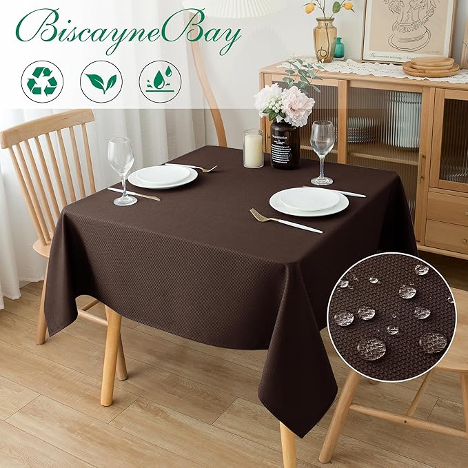 Biscaynebay Textured Fabric Square Tablecloth 60x60 Inch, Brown Water Resistant Table Cloth Small Card Folding Table Covers Linen for Dining, Kitchen, Wedding and Parties etc. Machine Washable